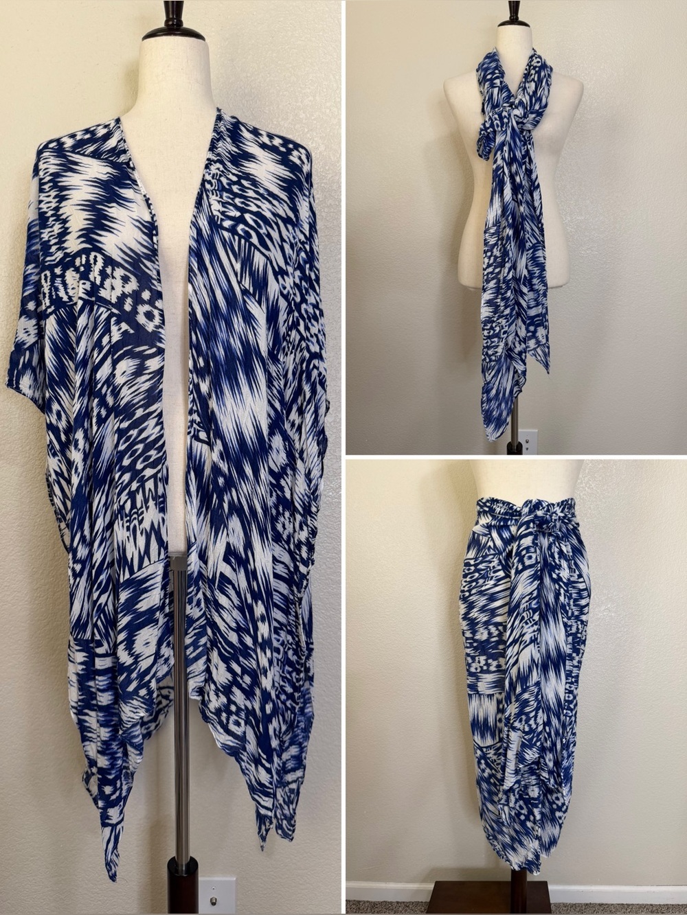 Michael Stars Multi-Way Ruana Blue White Scarf Sarong Swim Wrap Cover-Up, OS